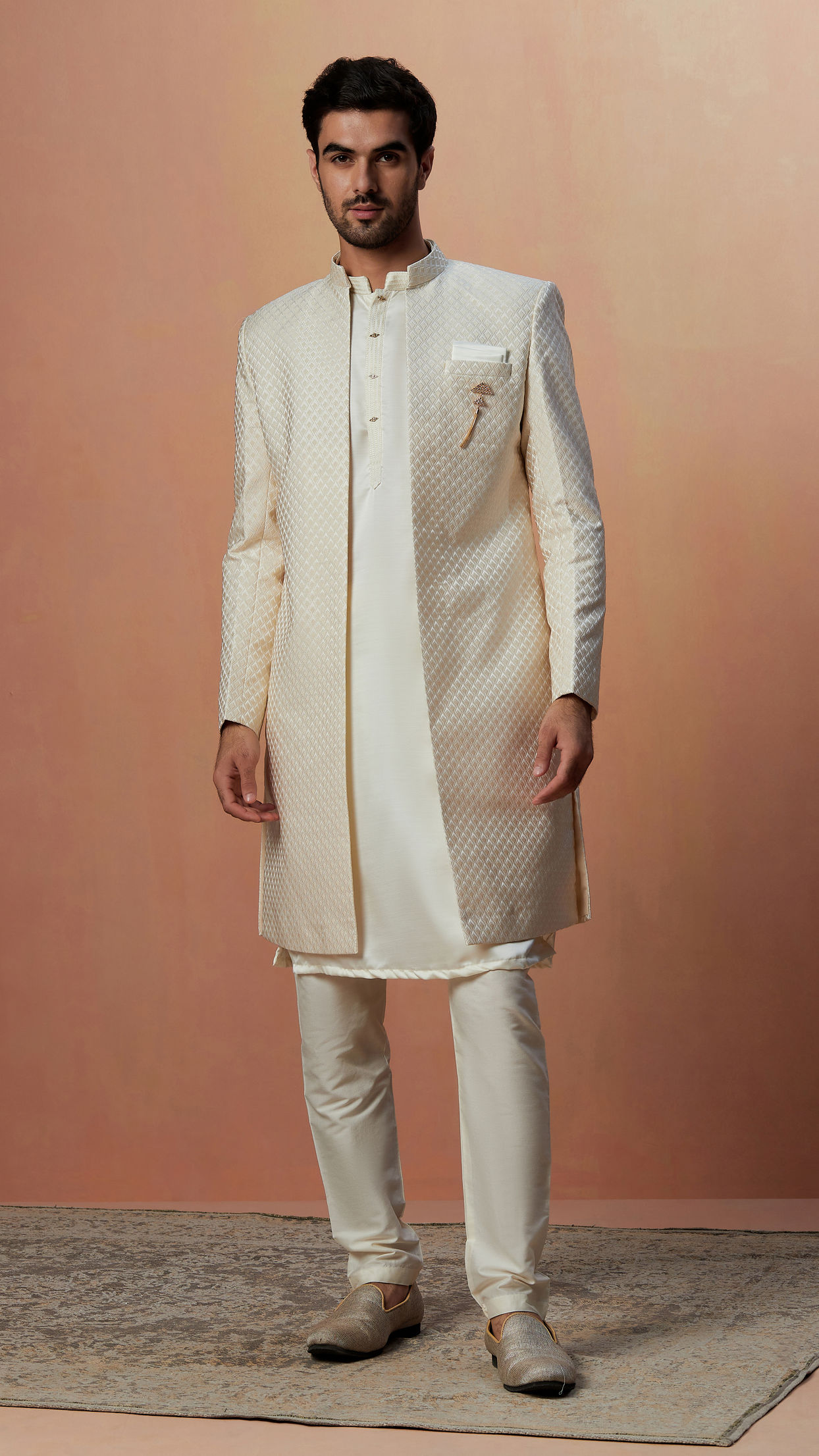 Off White Self Design Jacket Indo Western image number 2